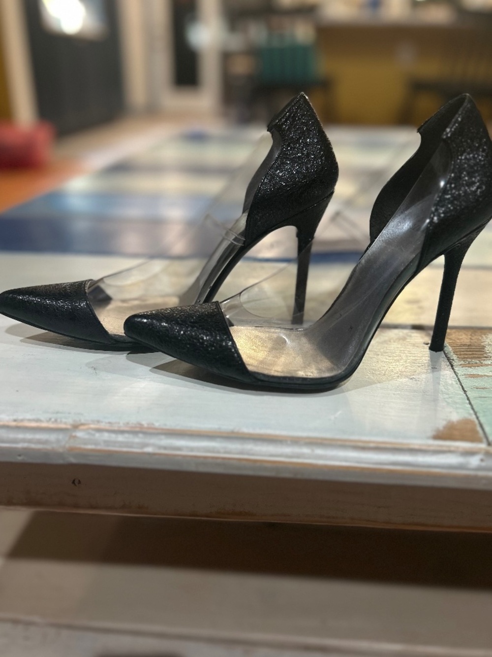 Stuart Weitzman Onview Pumps Black Clear PVC Pointed Toe Heels Women's Size 7M